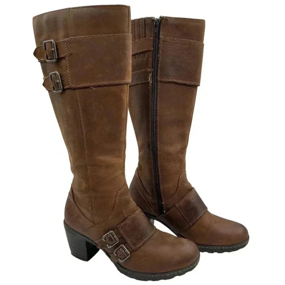 BOC Born Concept Leather Tall Riding Biker Boots Side Zip Buckle Strap Women 7-8 - Picture 2 of 16